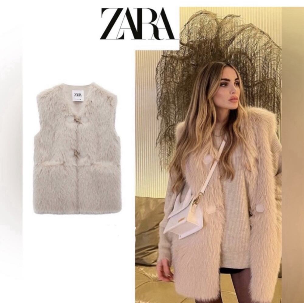 ZARA WOMAN NEW FAUX FUR GILLET VEST TOGGLE DETAIL BEIGE SZ M 4360/042